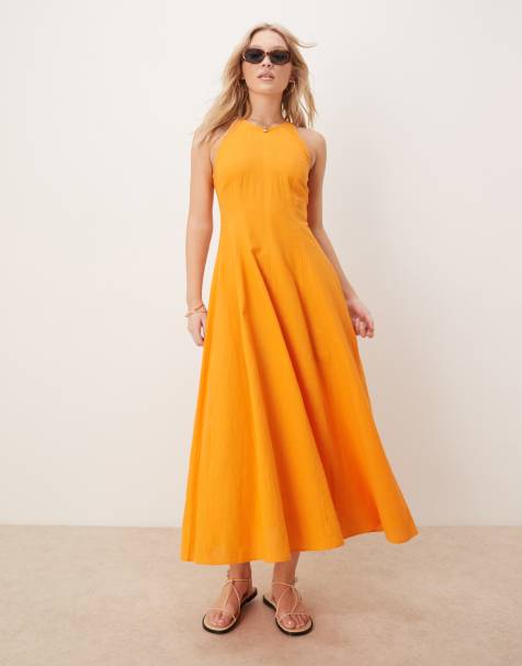 ASOS DESIGN – Midikleid in Orange mit Ziernaht - view 1