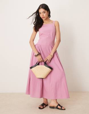 ASOS DESIGN - Midikleid in rauchigem Rosa mit eckigem Ausschnitt und tiefer Taille