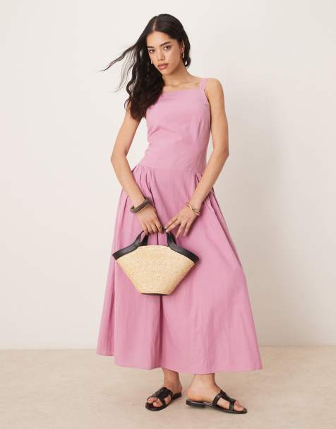 ASOS DESIGN – Midikleid in rauchigem Rosa mit eckigem Ausschnitt und tiefer Taille - view 1