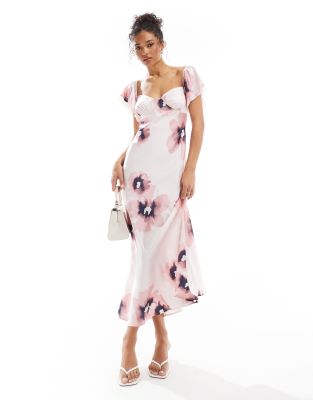 ASOS DESIGN - Midikleid in Rosa mit Blumenmuster, Bardot-Ausschnitt und Spitze-Bunt