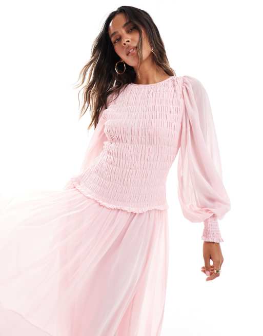 ASOS DESIGN – Midikleid in Rosa mit gesmoktem Mieder und Bindedetail am Rücken