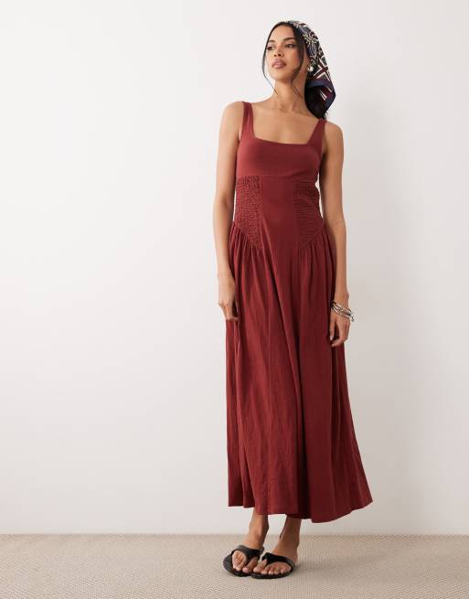 ASOS DESIGN – Midikleid in Rostbraun mit Knitterstruktur, eckigem Ausschnitt und Einsätzen, 2 von 4