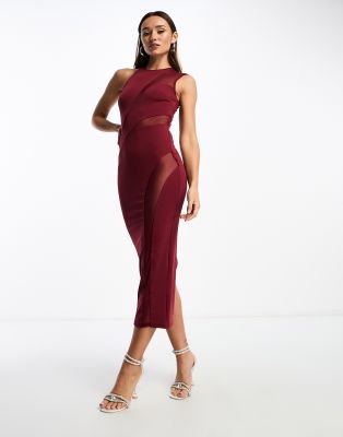 ASOS DESIGN - Midikleid in Rot mit asymmetrischen Zierausschnitten und Netzstoffeinsatz-Blau