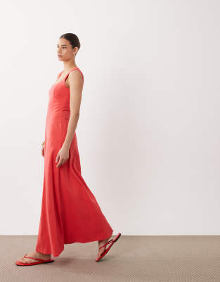 Midikleid in Rot mit eckigem Ausschnitt und Ziernaht Rot 32