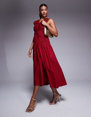 ASOS DESIGN - Midikleid in Rot mit gerafftem Oberteil und mittigem Tunnelzug-Rosa