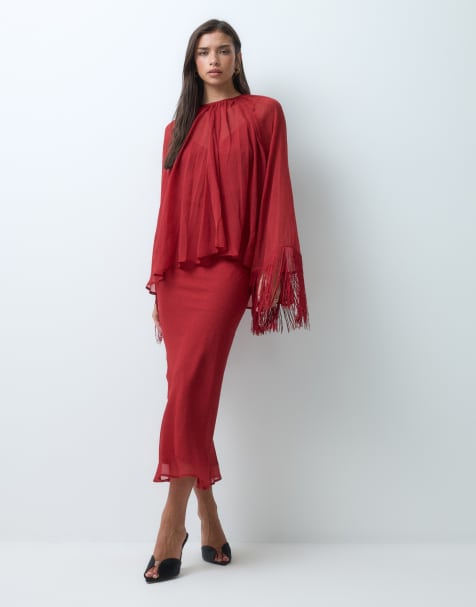 ASOS DESIGN Midikleid in Rot mit Lagenoptik und Fransensaum - view 1