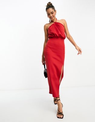 ASOS DESIGN - Midikleid in Rot mit Neckholder-Riemchenträger und Faltendetail-Bunt