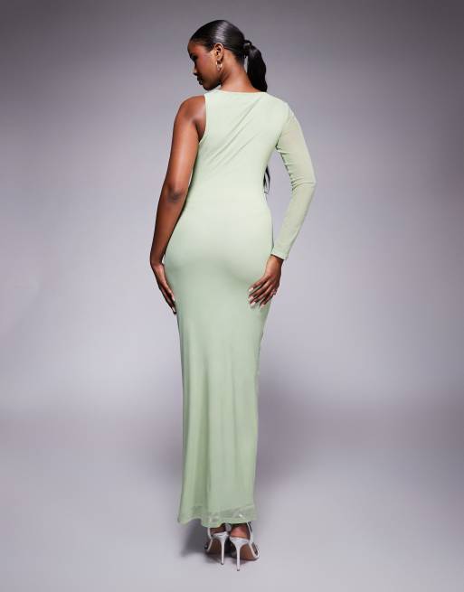 ASOS DESIGN – Midikleid in Salbeigrün aus Netzstoff mit asymmetrischem Schnitt, einem Ärmel und Tunnelzug-Träger