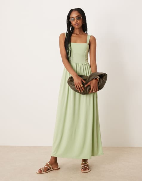 ASOS DESIGN – Midikleid in Salbeigrün mit eckigem Ausschnitt - view 1