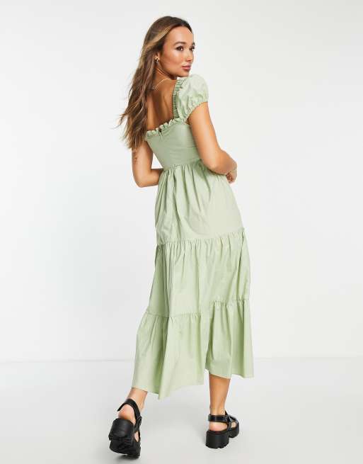 ASOS DESIGN – Midikleid in Salbeigrün mit geraffter Brustpartie und gestuftem Rock, 2 von 4