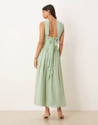ASOS DESIGN - Midikleid in Salbeigrün mit tiefer Taille, Bindedetail am Rücken und Schaltuch-Design