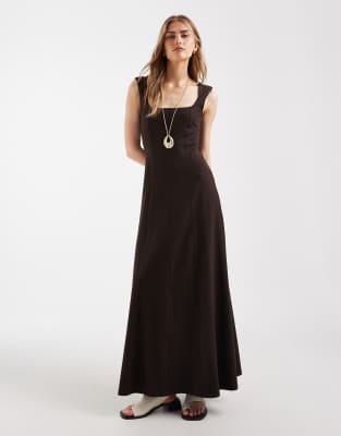 ASOS DESIGN - Midikleid in Schokobraun mit eckigem Ausschnitt und Ziernaht-Brown