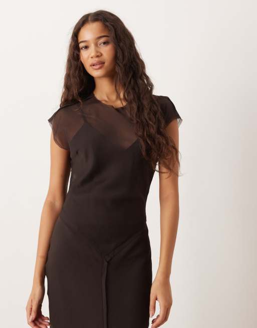 ASOS DESIGN – Midikleid in Schokobraun mit Kappärmeln und tiefer Taille, 2 von 4