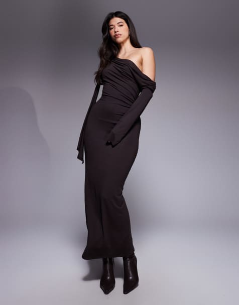 ASOS DESIGN – Midikleid in Schokobraun mit Schaldetail - view 1