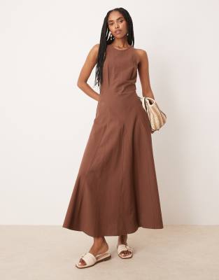 ASOS DESIGN – Midikleid in Schokobraun mit U-Boot-Ausschnitt und Ziernaht - view 1