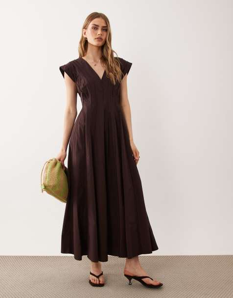 ASOS DESIGN – Midikleid in Schokobraun mit V-Ausschnitt und formenden Einsätzen - view 1