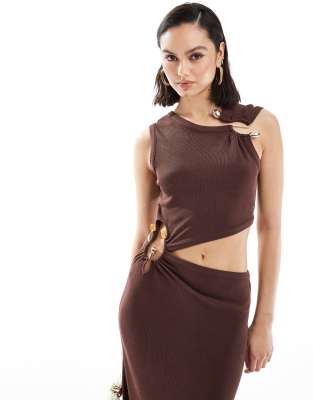 ASOS DESIGN - Midikleid in Schokoladenbraun mit Cut-out und Zierdetail-Brown