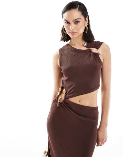 ASOS DESIGN – Midikleid in Schokoladenbraun mit Cut-out und Zierdetail - view 1