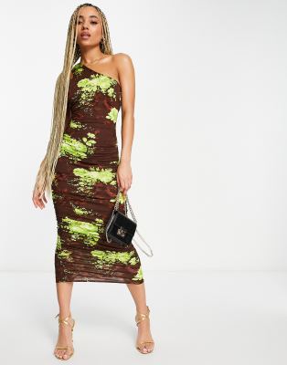 ASOS DESIGN - Midikleid in Schokoladenbraun mit Schnürung am Rücken, One-Shoulder-Träger, Raffung und Limetten-Blumenpri...