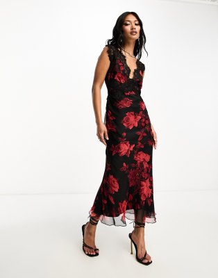 ASOS DESIGN - Midikleid in Schwarz geblümt mit Rückenausschnitt und Spitzenborte-Bunt