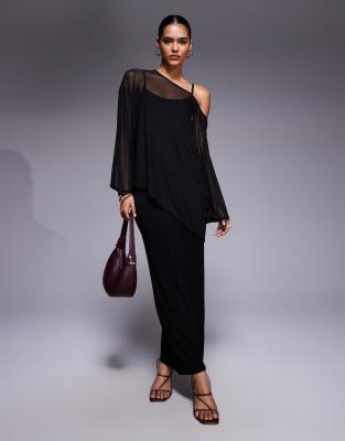 ASOS DESIGN - Midikleid in Schwarz mit Cape-Overlay