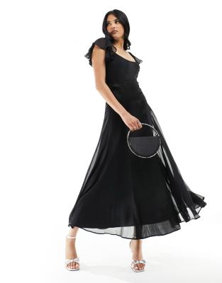 ASOS DESIGN - Midikleid in Schwarz mit Chiffon-Einsatz, Satin-Bahnen und geschlitzten Ärmeln-Bunt