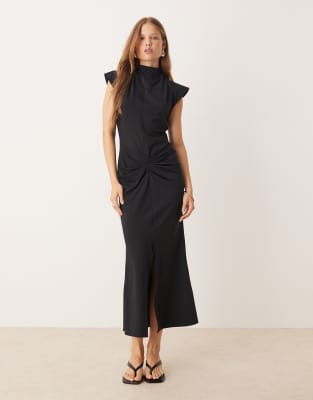 ASOS DESIGN - Midikleid in Schwarz mit drapierter Vorderseite