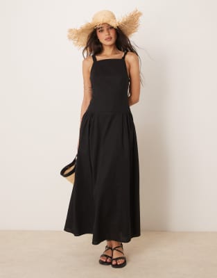 ASOS DESIGN - Midikleid in Schwarz mit eckigem Ausschnitt und tiefer Taille