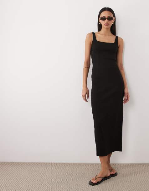 ASOS DESIGN – Midikleid in Schwarz mit eckigem Ausschnitt und Ziernaht - view 1