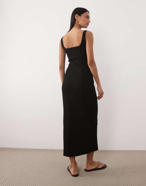 ASOS DESIGN – Midikleid in Schwarz mit eckigem Ausschnitt und Ziernaht, 4 von 4