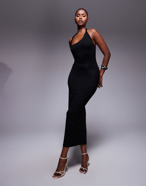 ASOS DESIGN – Midikleid in Schwarz mit gedrehtem, asymmetrischem Träger - view 1