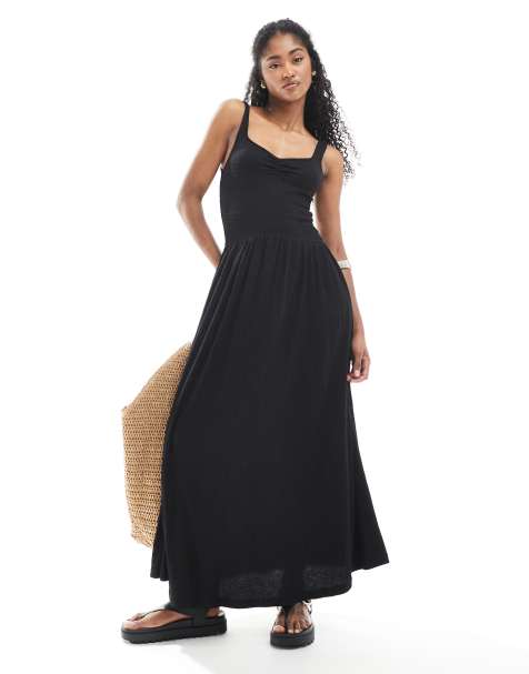 ASOS DESIGN – Midikleid in Schwarz mit Knitterstruktur und Herzausschnitt - view 1