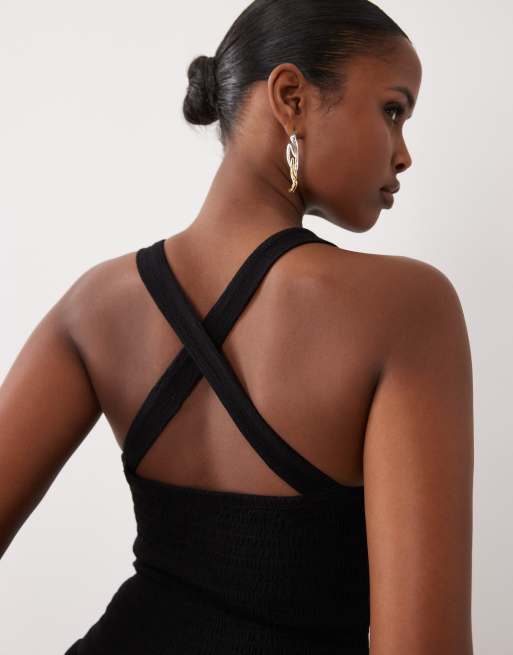 ASOS DESIGN – Midikleid in Schwarz mit Knitterstruktur und hinten überkreuzten Trägern, 3 von 4