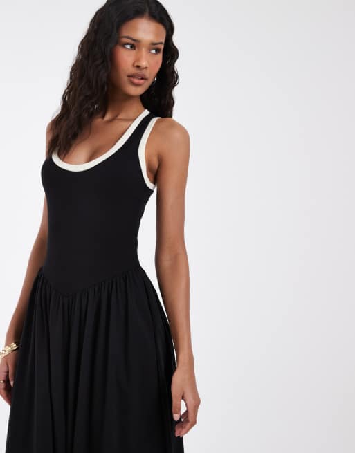 ASOS DESIGN – Midikleid in Schwarz mit Kontrastbesatz in Weiß, 2 von 4