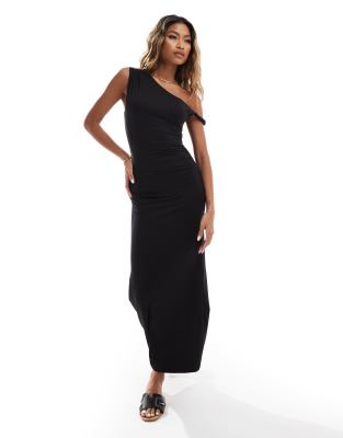 ASOS DESIGN - Midikleid in Schwarz mit One-Shoulder-Design und verdrehtem Träger