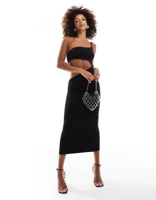 ASOS DESIGN - Midikleid in Schwarz mit One-Shoulder-Träger, welligem Ausschnitt und abgerundetem Zierausschnitt