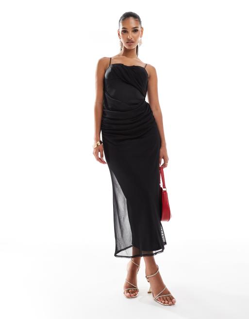 ASOS DESIGN – Midikleid in Schwarz mit Overlay aus Netzstoff mit Camisole-Trägern