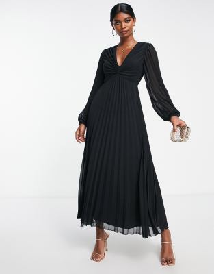 ASOS DESIGN - Midikleid in Schwarz mit plissiertem Hauptteil und tiefem Ausschnitt