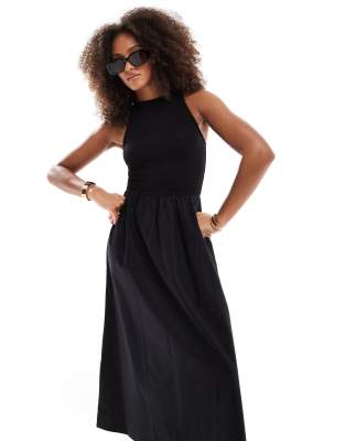 ASOS DESIGN - Midikleid in Schwarz mit Ringerrücken, Oberteil mit Knitterstruktur und Popeline-Rock