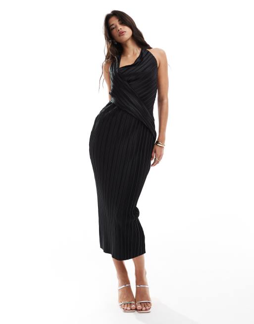 ASOS DESIGN – Midikleid in Schwarz mit rundem, plissiertem Ausschnitt im Wickeldesign