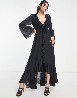 ASOS DESIGN - Midikleid in Schwarz mit Rüschendetail, tiefem Ausschnitt und Korsagen-Design