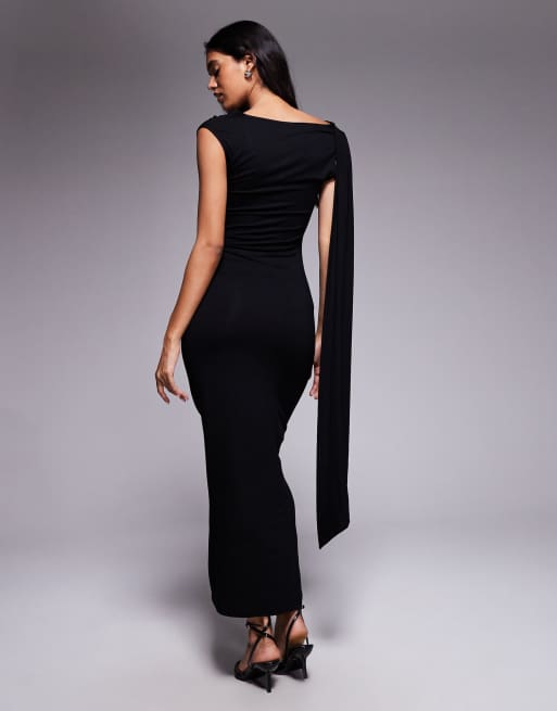 ASOS DESIGN – Midikleid in Schwarz mit Schrägausschnitt, Schärpendetail und verdrehtem Design, 4 von 4