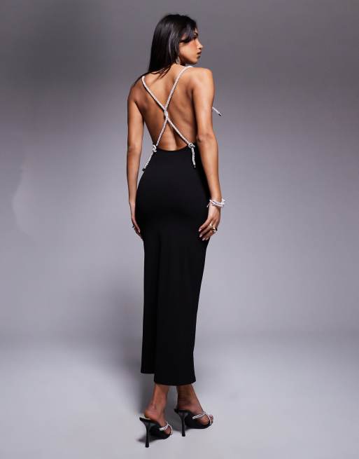 ASOS DESIGN – Midikleid in Schwarz mit Struktur, Wasserfallausschnitt und breiter Kordel mit Strassbesatz, 3 von 4