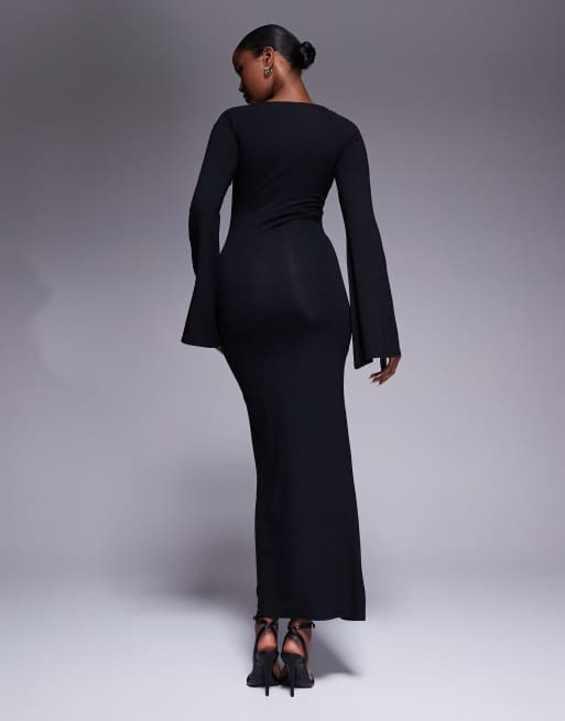 ASOS DESIGN – Midikleid in Schwarz mit Super-U-Ausschnitt und Trompetenärmeln, 2 von 4