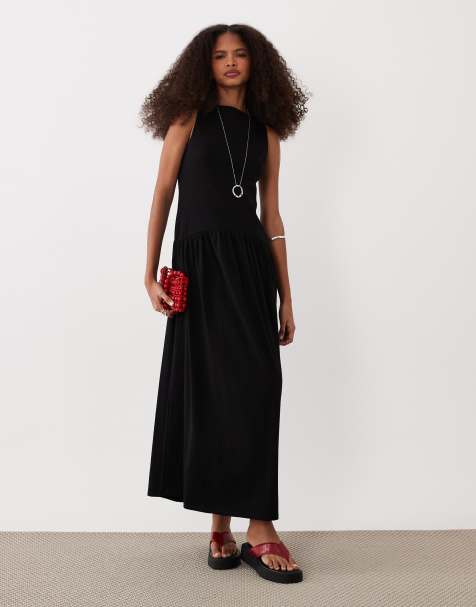 ASOS DESIGN – Midikleid in Schwarz mit tiefer Taille und gemischter Rippstruktur - view 1