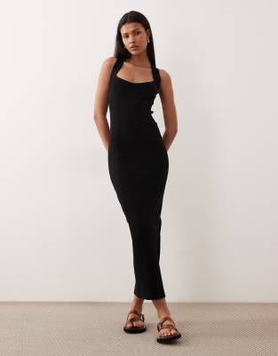 ASOS DESIGN - Midikleid in Schwarz mit U-Ausschnitt, Racer-Ziernaht