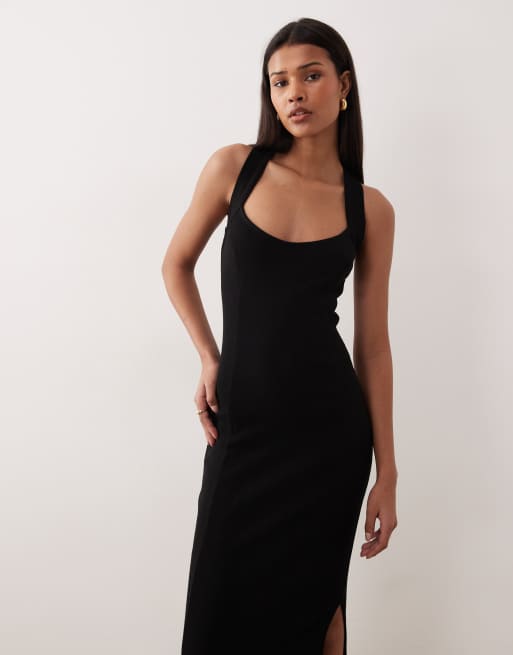 ASOS DESIGN – Midikleid in Schwarz mit U-Ausschnitt, Racer-Ziernaht, 4 von 4
