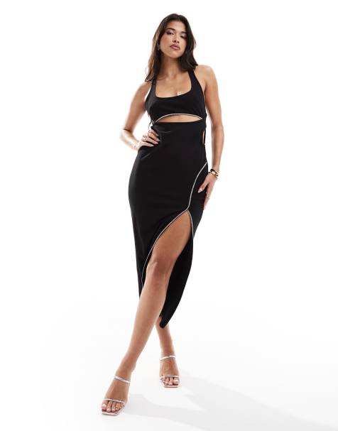 ASOS DESIGN – Midikleid in Schwarz mit U-Ausschnitt und Strassrand - view 1