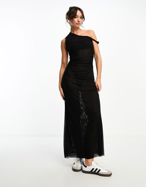 ASOS DESIGN – Midikleid in Schwarz mit verdrehtem Detail an der Schulter