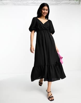 ASOS DESIGN - Midikleid in Schwarz mit Wickel-Oberteil und Rock mit durchgehender Knopfleiste und Schößchensaum-Black